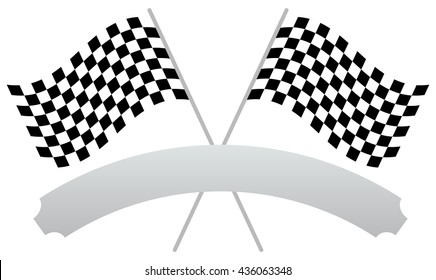2 crossed racing flags with empty banner, plaque shape for texts
