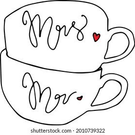  2 cups Mrs and Mr with hearts. Vector isolated tea couple