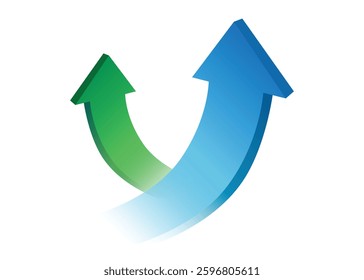 2 curved 3D arrows pointing up going to the opposite direction represent profit, progress and Success in a Different Way