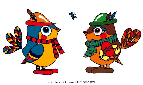 2 cute birds are looking at each other. Colored vector for card or gift.