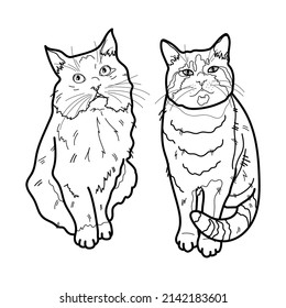 
2 cute cats. Coloring. Black and white vector illustration.