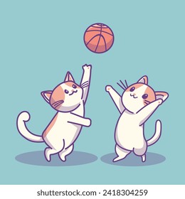 2 Cute Cats Playing Basketball Vector