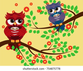 2 cute flirtatious owls on branches, with a cup of steaming coffee, tea or chocolate