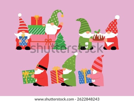 2 cute gnome celebrating christmas, adorable gnome character on present, little gnome cartoon holding christmas pudding, group of gnome wearing green, red, pink costume hold christmas gift and walk