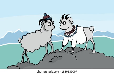 2 cute hand drawn sheep in mountains