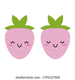 2 cute happy pink strawberries with green leaves. Vector illustration. White background.