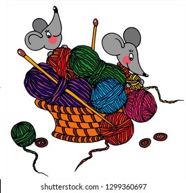 2 süße Maus spielen im Garn. Korb mit Garnbällen. Farbige Vektorgrafik für Karte oder Geschenk. 