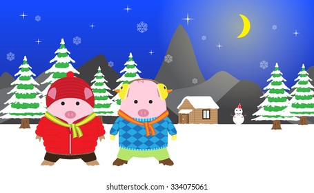 2 Cute Pigs (Piggy) in Winter Night, Vector for Christmas and New Year Card