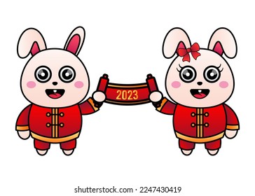 2 lindos conejos sosteniendo un pergamino con 2023 escrito en él. Con la sensación del año nuevo chino 