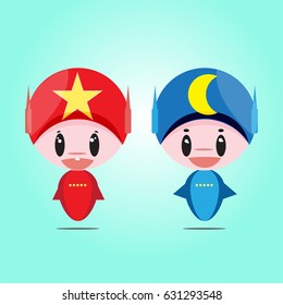 2 cute robots are floating on the air isolated on green background ,vector illustration