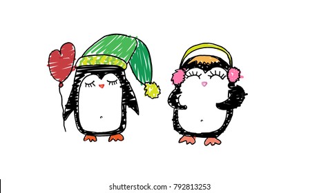 2 cute shy penguins with a red balloon on a date. May be used for valentines card  (poster, banner) design. Vector hand drawn.
