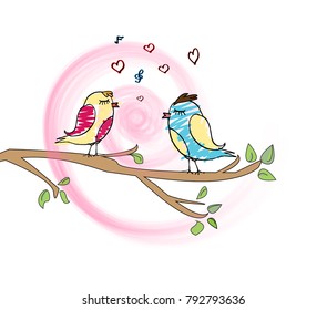 2 cutehand drawn birds (boy and girl) on a tree singing about love. may be used for valentines day card design. Vector
