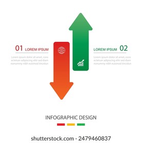 2 Dateninfografiken pfeilen die Layout-Vorlage nach oben und unten. Abbildung Roter und grüner Pfeil Aktien abstrakter Hintergrund.