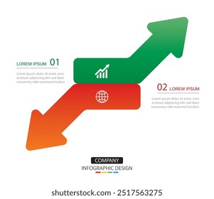 2 data infographics arrow up and down layout template. Illustration red and green arrow stocks abstract background.