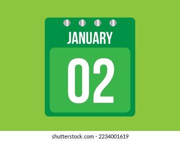 2 day january calendar vector. Calendar page icon for the month of january with metallic pin. Calendar on green background.