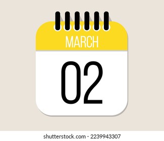 2 day March calendar vector. March month calendar page icon in yellow.