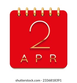 2 day of the month. April. Luxury calendar daily icon. Date day week Sunday, Monday, Tuesday, Wednesday, Thursday, Friday, Saturday. Gold text. Red paper. Vector illustration.