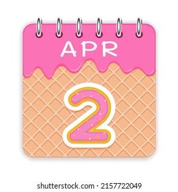 2 day of the month. April. Waffle cone calendar with melted ice cream. 3d daily icon. Date. Week Sunday, Monday, Tuesday, Wednesday, Thursday, Friday, Saturday. White background. Vector illustration.