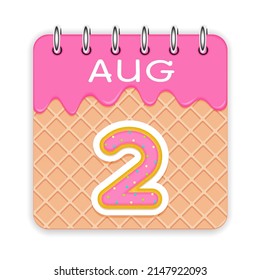 2 día del mes. Agosto. Calendario de cono de gofre con helado derretido. Icono de 3d diario. Fecha. Semana Domingo, Lunes, Martes, Miércoles, Jueves, Viernes, Sábado. Fondo blanco. Ilustración vectorial.