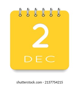 2 day of the month. December. Cute yellow calendar daily icon. Date day week Sunday, Monday, Tuesday, Wednesday, Thursday, Friday, Saturday. Cut paper. White background. Vector illustration.