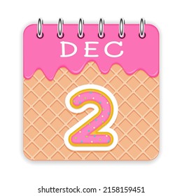 2 day of a month. December. Waffle cone calendar with melted ice cream. 3d daily icon. Date. Week Sunday, Monday, Tuesday, Wednesday, Thursday, Friday, Saturday. White background Vector illustration