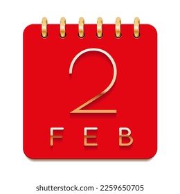 2 day of the month. February. Luxury calendar daily icon. Date day week Sunday, Monday, Tuesday, Wednesday, Thursday, Friday, Saturday. Gold text. Red paper. Vector illustration.