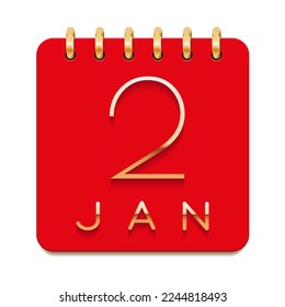 2 day of the month. January. Luxury calendar daily icon. Date day week Sunday, Monday, Tuesday, Wednesday, Thursday, Friday, Saturday. Gold text. Red paper. Vector illustration.