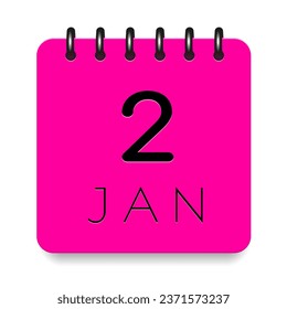 2 day of the month. January. Pink calendar daily icon. Black letters. Date day week Sunday, Monday, Tuesday, Wednesday, Thursday, Friday, Saturday. Cut paper. White background. Vector illustration.