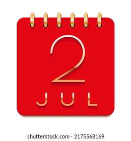 2 day of the month. July. Luxury calendar daily icon. Date day week Sunday, Monday, Tuesday, Wednesday, Thursday, Friday, Saturday. Gold text. Red paper. Vector illustration.