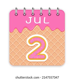 2 day of the month. July. Waffle cone calendar with melted ice cream. 3d daily icon. Date. Week Sunday, Monday, Tuesday, Wednesday, Thursday, Friday, Saturday. White background. Vector illustration.
