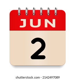 2 day of the month. June. Flip old formal calendar. 3d daily icon. Date. Week Sunday, Monday, Tuesday, Wednesday, Thursday, Friday, Saturday. Cut paper. White background. Vector illustration. 