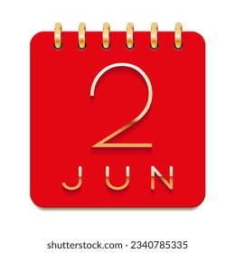 2 day of the month. June. Luxury calendar daily icon. Date day week Sunday, Monday, Tuesday, Wednesday, Thursday, Friday, Saturday. Gold text. Red paper. Vector illustration