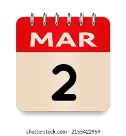 2 day of the month. March. Flip old formal calendar daily icon. Date day week Sunday, Monday, Tuesday, Wednesday, Thursday, Friday, Saturday. Cut paper. White background. Vector illustration. 3d