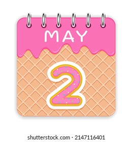 2 day of the month. May. Waffle cone calendar with melted ice cream. 3d daily icon. Date. Week Sunday, Monday, Tuesday, Wednesday, Thursday, Friday, Saturday. White background. Vector illustration.