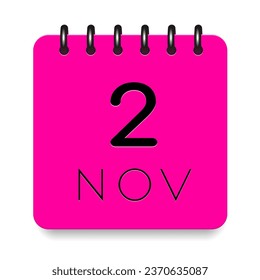 2 day of the month. November. Pink calendar daily icon. Black letters. Date day week Sunday, Monday, Tuesday, Wednesday, Thursday, Friday, Saturday. Cut paper. White background. Vector illustration.