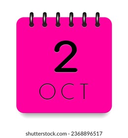 2 day of the month. October. Pink calendar daily icon with black letter. Date day week Sunday, Monday, Tuesday, Wednesday, Thursday, Friday, Saturday. Cut paper. White background. Vector illustration.