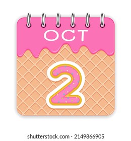 2 day of a month. October. Waffle cone calendar with melted ice cream. 3d daily icon. Date. Week Sunday, Monday, Tuesday, Wednesday, Thursday, Friday, Saturday. White background Vector illustration