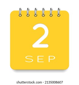 2 day of the month. September. Cute yellow calendar daily icon. Date day week Sunday, Monday, Tuesday, Wednesday, Thursday, Friday, Saturday. Cut paper. White background. Vector illustration.