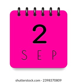 2 day of the month. September. Pink calendar daily icon. Black letters. Date day week Sunday, Monday, Tuesday, Wednesday, Thursday, Friday, Saturday. Cut paper. White background. Vector illustration.