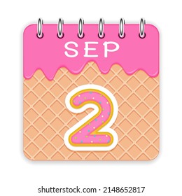 2 day of a month. September. Waffle cone calendar with melted ice cream. 3d daily icon. Date. Week Sunday, Monday, Tuesday, Wednesday, Thursday, Friday, Saturday. White background Vector illustration