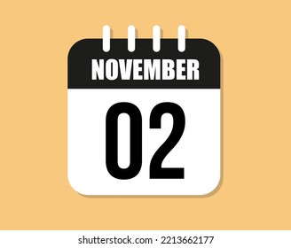 2 day november icon. Black and white november month calendar vector on orange background.