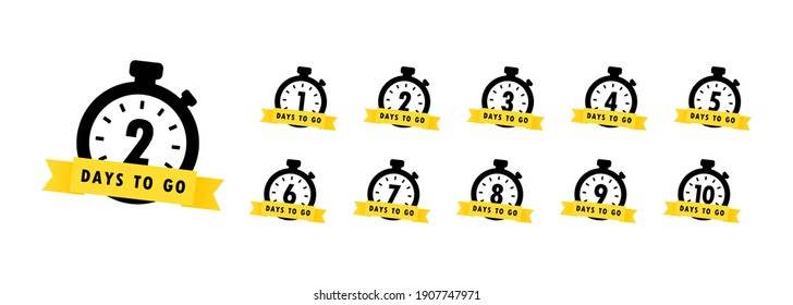 2 days to go icon set. Countdown of days remaining. Offer timer, sticker limited to a few days. Vector EPS 10. Isolated on white background