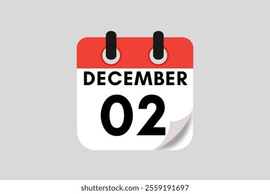 2 December calendar icon text page monthly web design on red, white, black and ash background vector, icon, or illustration with the month of December 2