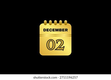 2 December calendar icon text page monthly web design on gold and black background vector, icon, or illustration with the month of December 2
