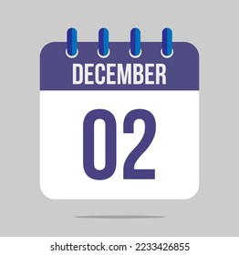 2 december calendar vector. Calendar icon for december with marked date. Design for schedules, meetings and appointments