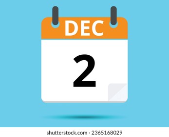 2 December. Flat icon calendar isolated on blue background. Vector illustration.