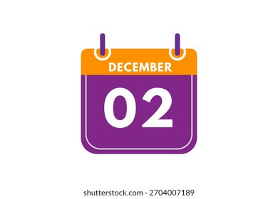 2 Diciembre mes Vector de un solo día, ilustración, calendario con naranja, púrpura, ceniza y fondo de color blanco icono de calendario de diciembre 2