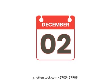 Vector de un solo día del mes de diciembre 2, ilustración, calendario con el icono rojo, negro y blanco del calendario del fondo del color del 2 de diciembre