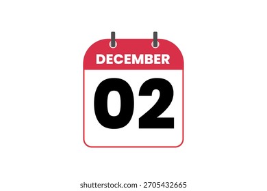 Vector de un solo día del mes de diciembre 2, ilustración, calendario con el icono rojo, negro y blanco del calendario del fondo del color del 2 de diciembre