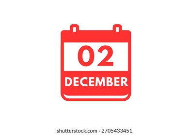 2 Dezember Monat einzelner Tag Vektor, Illustration, Kalender mit rot-weißer Farbe Hintergrund Kalender Symbol Dezember 2